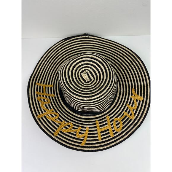 August Hat Company Black Tan Striped "Happy Hour" Floppy Sun Hat One Size - Picture 2 of 3